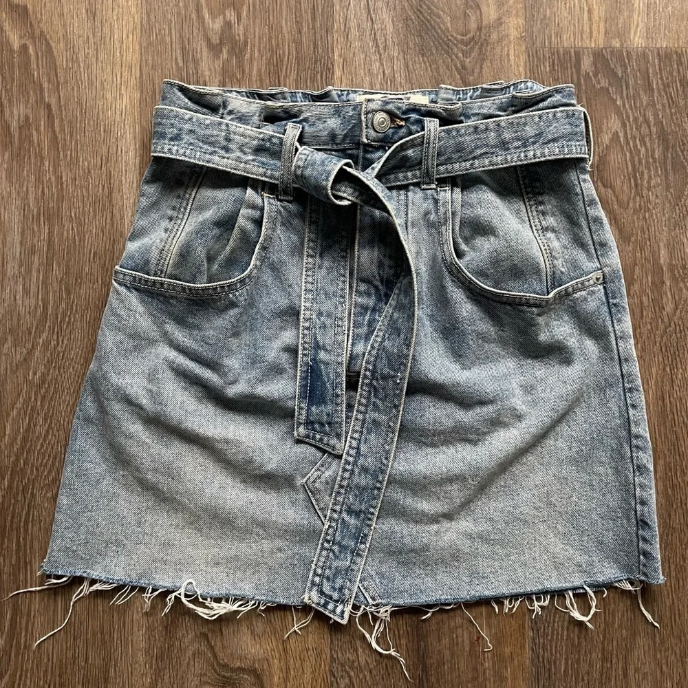 Free People We The Free Denim Mini Skirt 27 Paperbag Waist Belted Raw Hem boho
